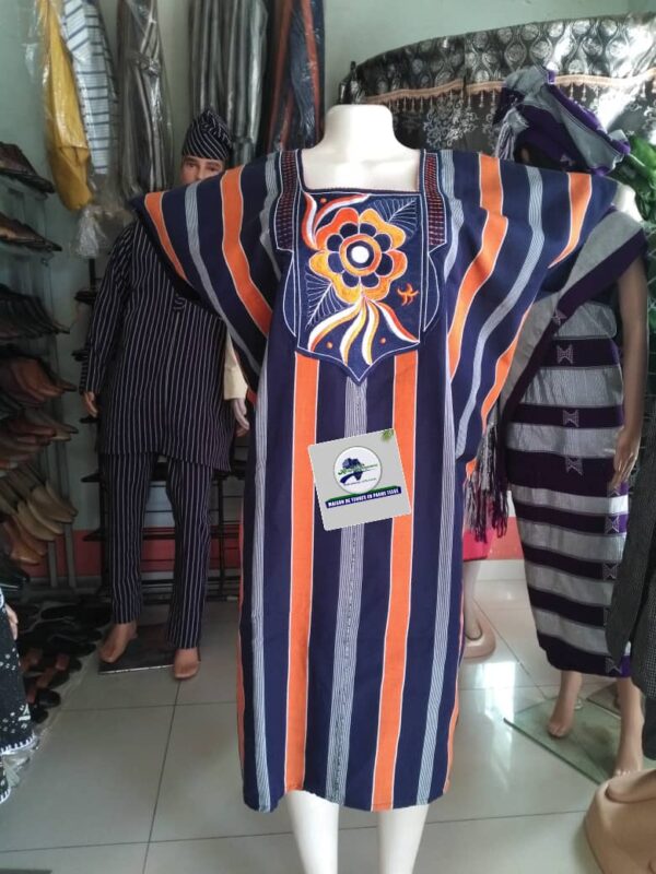 Robe en pagne tissé orange bleu nuit